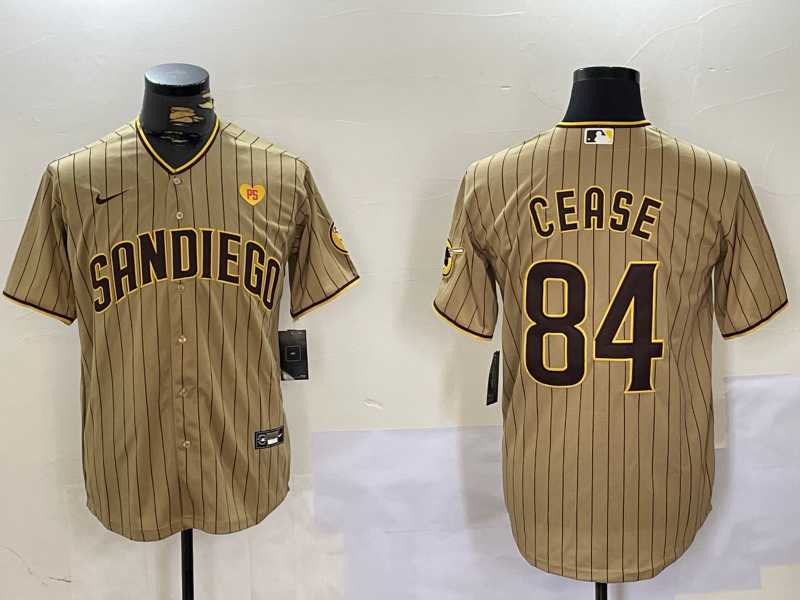 Men%27s San Diego Padres #84 Dylan Cease Khaki Team Logo With PS Patch Stitched Cool Base Nike Jersey